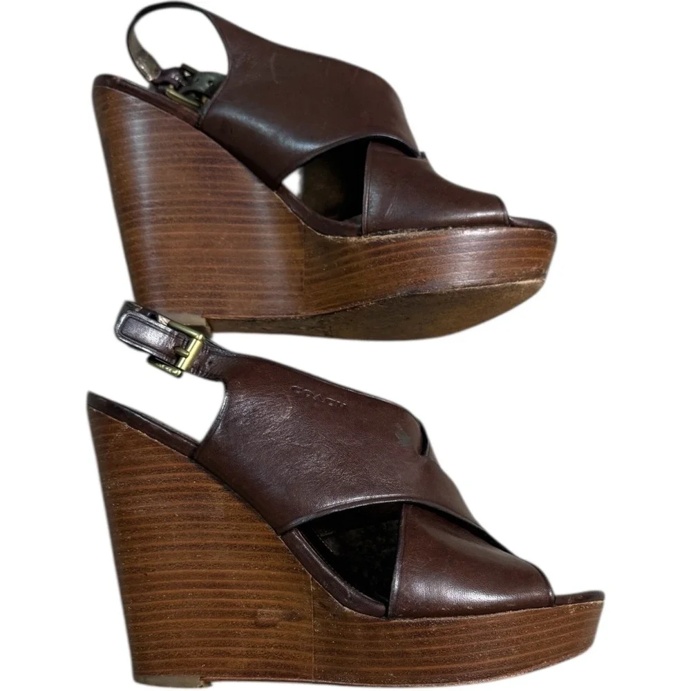 Coach Jamila‎ Wedge Sandals Brown Leather Open Toe Heels Size 8.5B - Picture 3 of 11